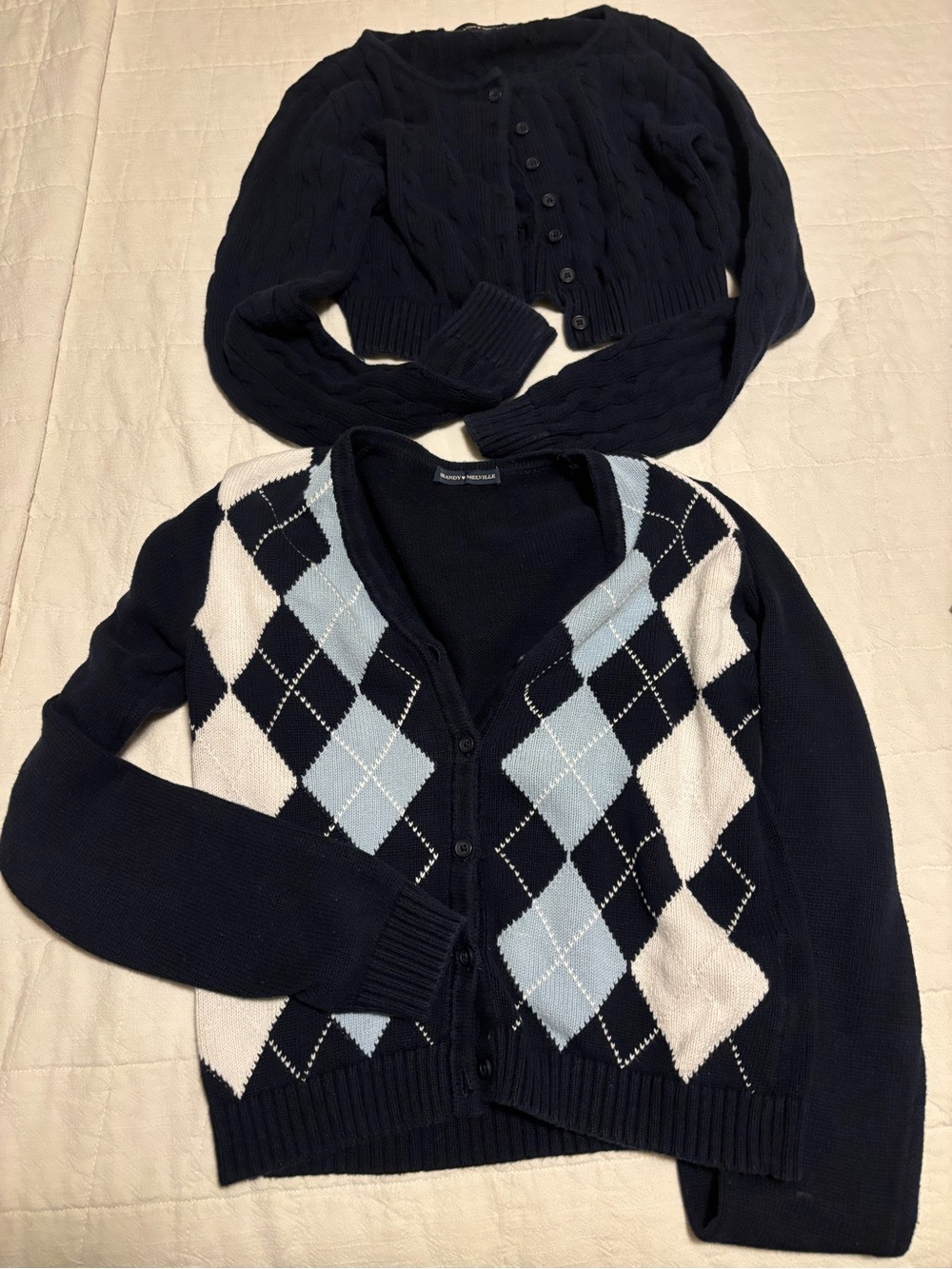 Brandy Melville Navy Argyle Cardigan with Light Blue & White Diamonds